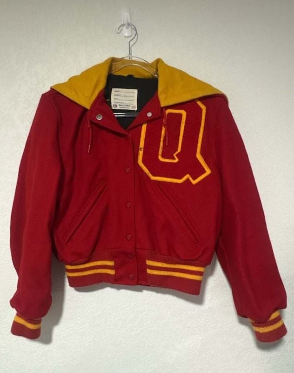 Vintage DeLong Sportswear Red and Yellow Wool Letterman Varsity Jacket with Hood